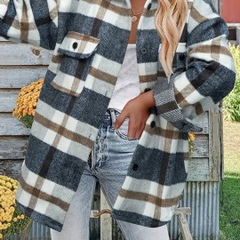 Women's Stylish Plaid Button Down Long Sleeve Jacket - Loose Lapel Design