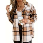 Plaid Print Pocket Button Front Jacket - Casual Collared Long Sleeve Outerwear for Women