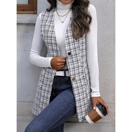 Plaid Print Sleeveless Vest, Elegant Button Front Vest With Pockets, Women's Clothing