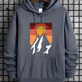 Mountain And Sunrise Print Hoodie, Comfy Clothing For Men, Men's Casual Hooded Pullover Streetwear Sweatshirt For Spring Fall Winter, As Gifts