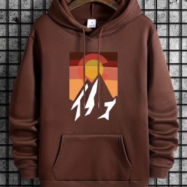 Mountain And Sunrise Print Hoodie, Comfy Clothing For Men, Men's Casual Hooded Pullover Streetwear Sweatshirt For Spring Fall Winter, As Gifts