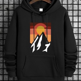 Mountain And Sunrise Print Hoodie, Comfy Clothing For Men, Men's Casual Hooded Pullover Streetwear Sweatshirt For Spring Fall Winter, As Gifts