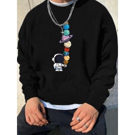 Men's Casual Astronaut Holding Planet Print Long Sleeve Sweatshirt for Outdoor Sports - Autumn/Winter Fashion - Hip-hop Necklace Gift