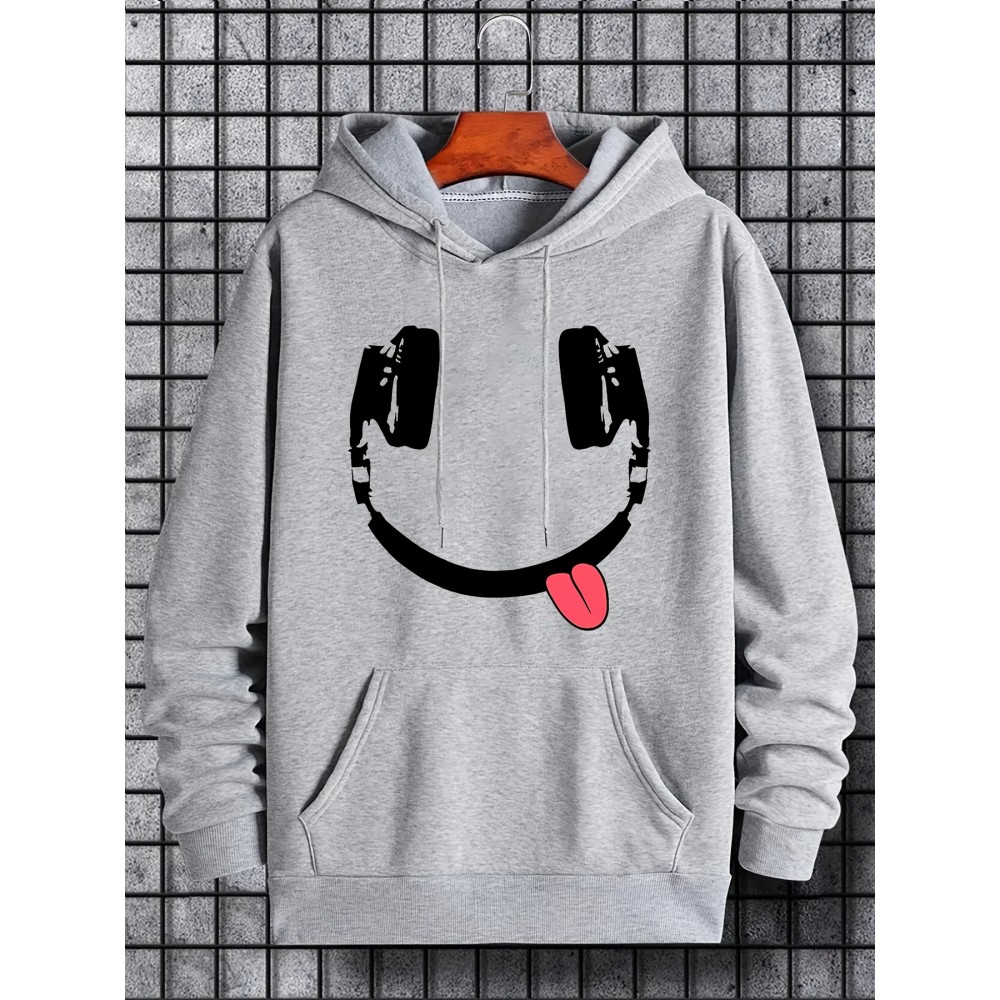 Headphone Smile Print Hoodie, Hoodies For Men, Men's Casual Graphic Design Pullover Hooded Sweatshirt With Kangaroo Pocket Streetwear For Winter Fall, As Gifts