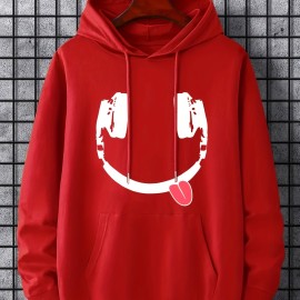 Headphone Smile Print Hoodie, Hoodies For Men, Men's Casual Graphic Design Pullover Hooded Sweatshirt With Kangaroo Pocket Streetwear For Winter Fall, As Gifts