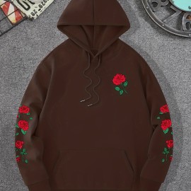 Red Rose Print Men's Hooded Sweatshirt - Casual Long Sleeve Pullover for Autumn/Winter - Great Gift for Men