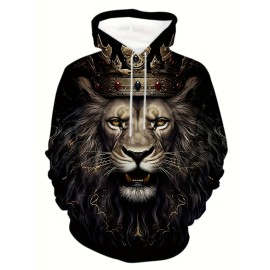 King Lion Print Hoodie for Men - Casual Graphic Design Pullover Sweatshirt for Winter and Fall - Streetwear Gift