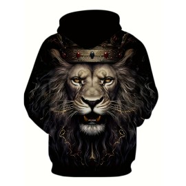 King Lion Print Hoodie for Men - Casual Graphic Design Pullover Sweatshirt for Winter and Fall - Streetwear Gift