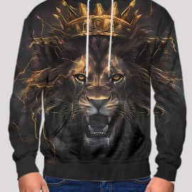 King Lion Print Hoodie for Men - Casual Graphic Design Pullover Sweatshirt for Winter and Fall - Streetwear Gift