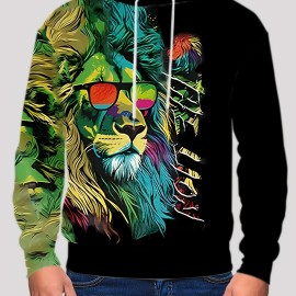 King Lion Print Hoodie for Men - Casual Graphic Design Pullover Sweatshirt for Winter and Fall - Streetwear Gift