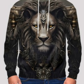 King Lion Print Hoodie for Men - Casual Graphic Design Pullover Sweatshirt for Winter and Fall - Streetwear Gift