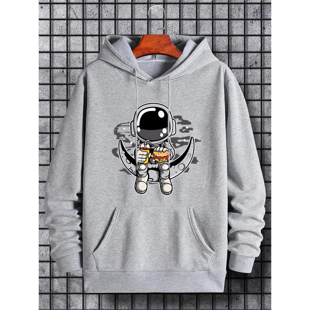 Cartoon Astronaut & Moon Print Hoodie, Hoodies For Men, Men's Casual Graphic Design Pullover Hooded Sweatshirt With Kangaroo Pocket Streetwear For Winter Fall, As Gifts