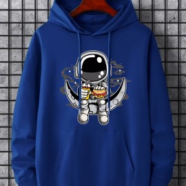 Cartoon Astronaut & Moon Print Hoodie, Hoodies For Men, Men's Casual Graphic Design Pullover Hooded Sweatshirt With Kangaroo Pocket Streetwear For Winter Fall, As Gifts