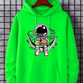 Cartoon Astronaut & Moon Print Hoodie, Hoodies For Men, Men's Casual Graphic Design Pullover Hooded Sweatshirt With Kangaroo Pocket Streetwear For Winter Fall, As Gifts