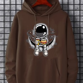 Cartoon Astronaut & Moon Print Hoodie, Hoodies For Men, Men's Casual Graphic Design Pullover Hooded Sweatshirt With Kangaroo Pocket Streetwear For Winter Fall, As Gifts