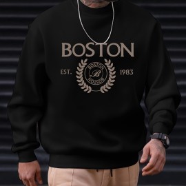 Boston Letter Pattern Men's Pullover Sweatshirt - Casual Long Sleeve Top for Autumn/Winter