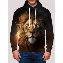 Men's Lion Print Hoodie - Casual Graphic Design Pullover Sweatshirt with Kangaroo Pocket for Winter Fall