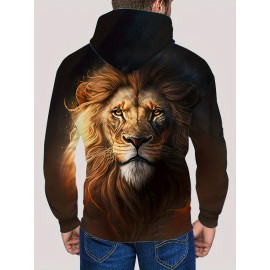 Men's Lion Print Hoodie - Casual Graphic Design Pullover Sweatshirt with Kangaroo Pocket for Winter Fall