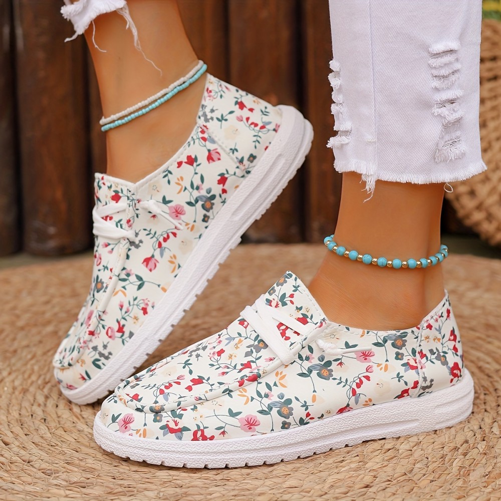 Women's Floral Print Canvas Loafers, Slip On Lightweight Flat Daily Shoes, Low-top Casual Shoes