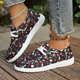 Women's Floral Print Canvas Loafers, Slip On Lightweight Flat Daily Shoes, Low-top Casual Shoes