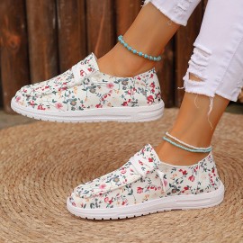 Women's Floral Print Canvas Loafers, Slip On Lightweight Flat Daily Shoes, Low-top Casual Shoes