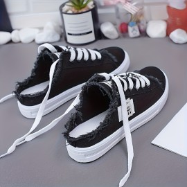 Women's Solid Color Casual Shoes, Lace Up Lightweight Soft Sole Walking Comfort Shoes, Half Drag Breathable Canvas Shoes