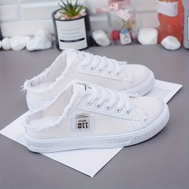 Women's Solid Color Casual Shoes, Lace Up Lightweight Soft Sole Walking Comfort Shoes, Half Drag Breathable Canvas Shoes