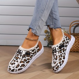 Women's Leopard Printed Canvas Shoes, Winter Warm Plush Lined Low Top Flats, Cozy Slip On Sneakers