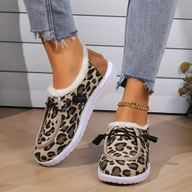 Women's Leopard Printed Canvas Shoes, Winter Warm Plush Lined Low Top Flats, Cozy Slip On Sneakers