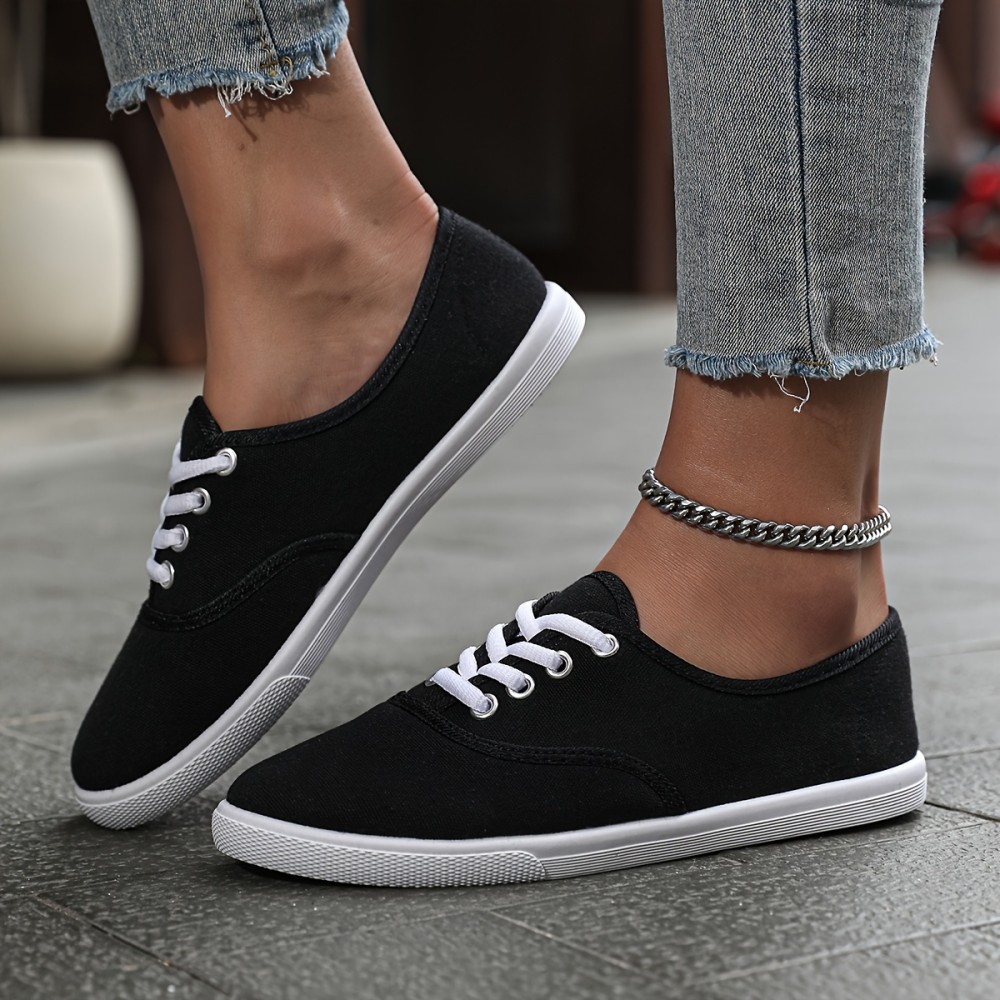 Women's Simple Solid Color Canvas Shoes, Casual Lace Up Outdoor Shoes, Lightweight Low Top Shoes