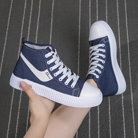 Women's High-Top Canvas Shoes, Breathable & Comfortable Flat Casual Sneakers, Available Daily Preppy Shoes