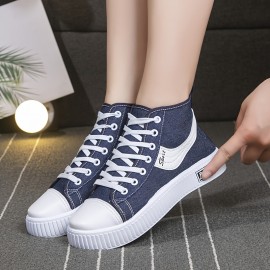 Women's High-Top Canvas Shoes, Breathable & Comfortable Flat Casual Sneakers, Available Daily Preppy Shoes