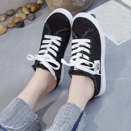 Trendy Solid Color Canvas Slippers, Platform Round Toe All-match Lace Up Breathable Slip On Shoes, Casual Versatile Summer Sneakers, Women's Footwear