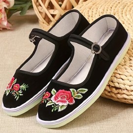 Floral Embroidered Flats - Comfy Everyday Wear with Secure Ankle Strap - Lightweight & Various Colors