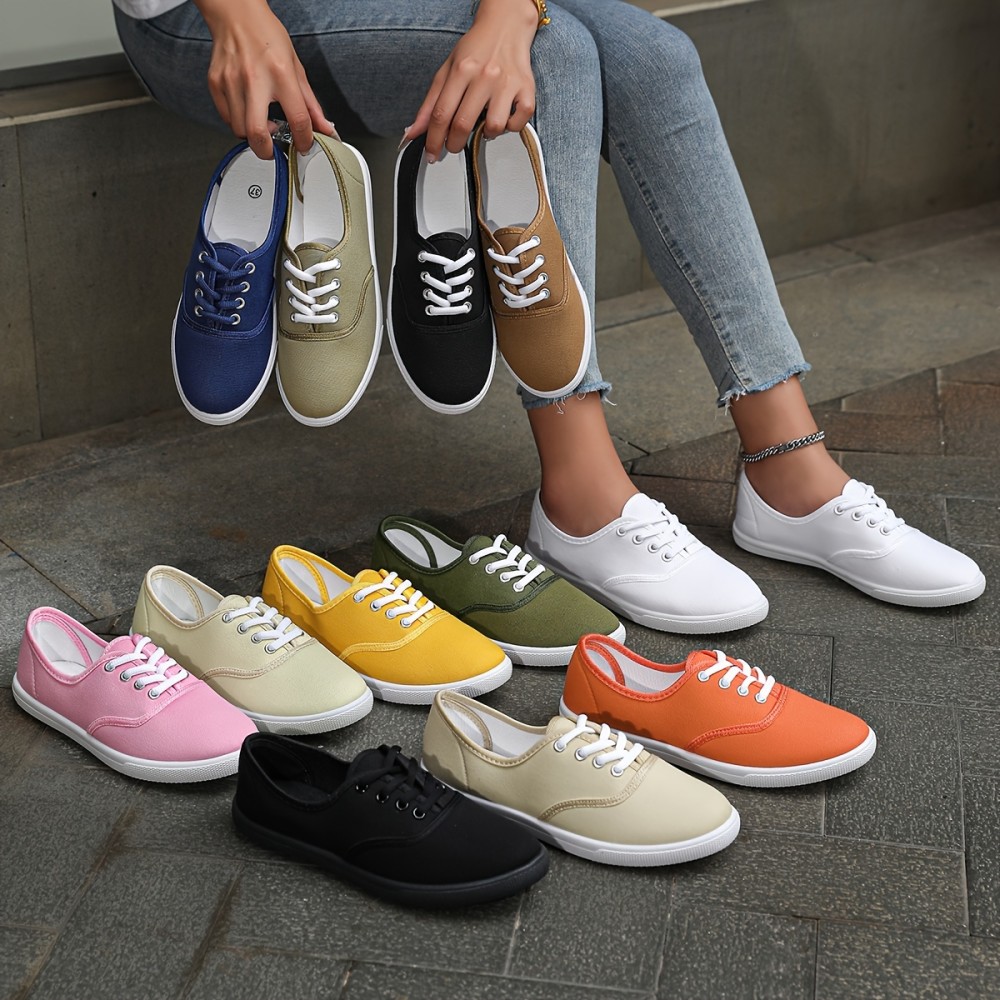 Women's Solid Color Canvas Sneakers, Simple Style Lace Up Flat Walking Shoes, Casual Lightweight Student Shoes Koningsdag/King's Day