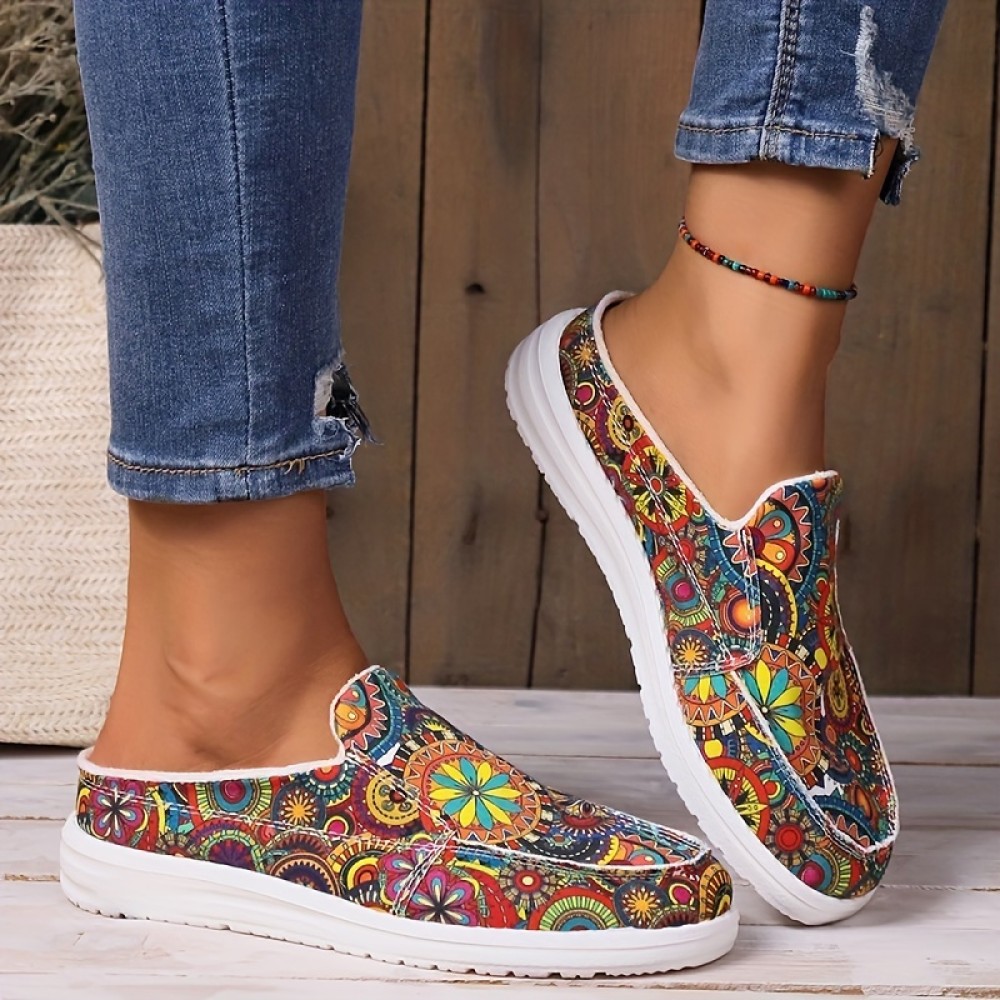 Women's Trendy Canvas Shoes, Casual Floral Pattern Outdoor Backless Shoes, Lightweight Slip On Mule Sneakers