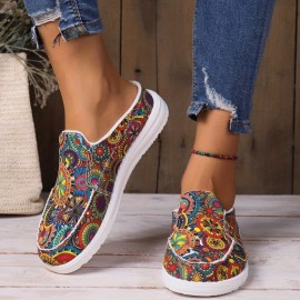 Women's Trendy Canvas Shoes, Casual Floral Pattern Outdoor Backless Shoes, Lightweight Slip On Mule Sneakers