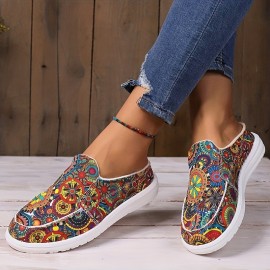 Women's Trendy Canvas Shoes, Casual Floral Pattern Outdoor Backless Shoes, Lightweight Slip On Mule Sneakers