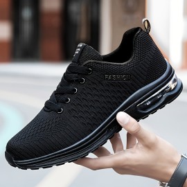 Men's Trendy Woven Knit Breathable Running Shoes With Air Cushion, Comfy Non Slip Lace Up Durable Sneakers For Men's Outdoor Activities