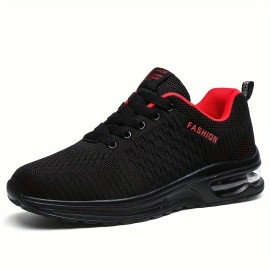 Men's Trendy Woven Knit Breathable Running Shoes With Air Cushion, Comfy Non Slip Lace Up Durable Sneakers For Men's Outdoor Activities