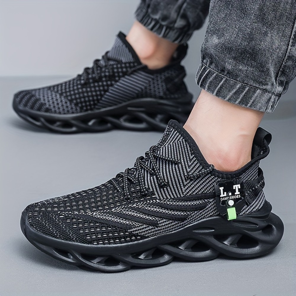 Plus Size Men's Trendy Woven Knit Breathable Solid Blade Type Shoes, Comfy Non Slip Soft Sol Sneakers For Men's Outdoor Activities