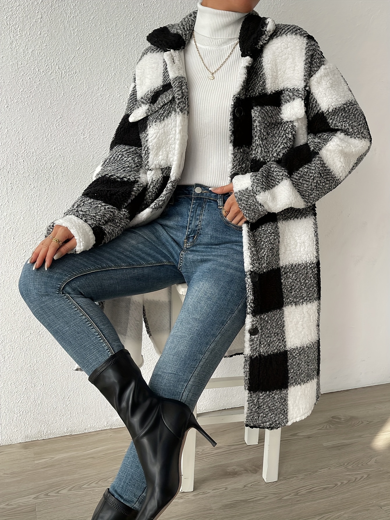 plaid pattern teddy coat elegant open front long sleeve outerwear womens clothing details 0