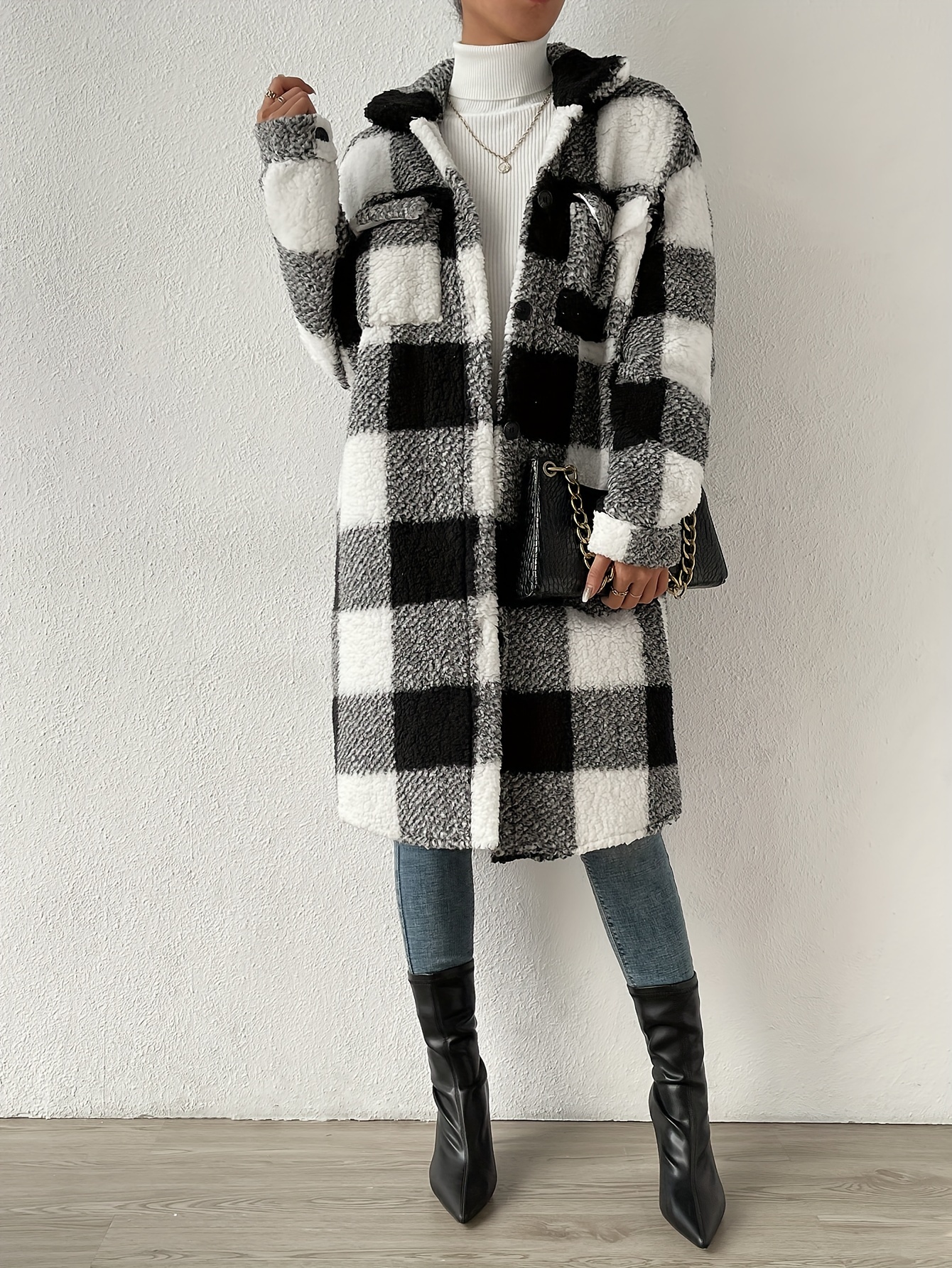 plaid pattern teddy coat elegant open front long sleeve outerwear womens clothing details 4