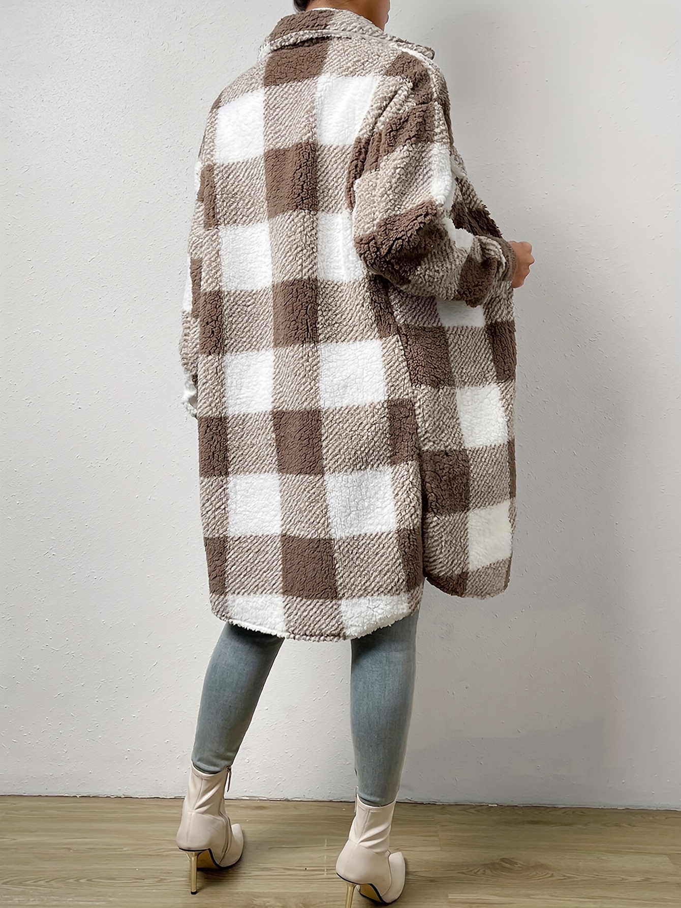 plaid pattern teddy coat elegant open front long sleeve outerwear womens clothing details 6