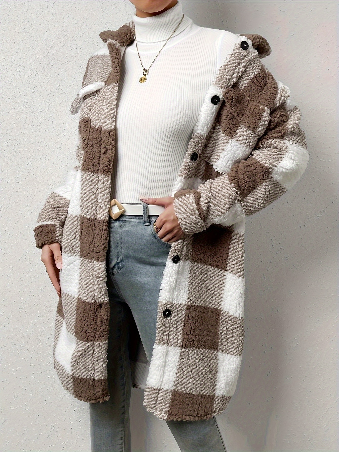 plaid pattern teddy coat elegant open front long sleeve outerwear womens clothing details 8