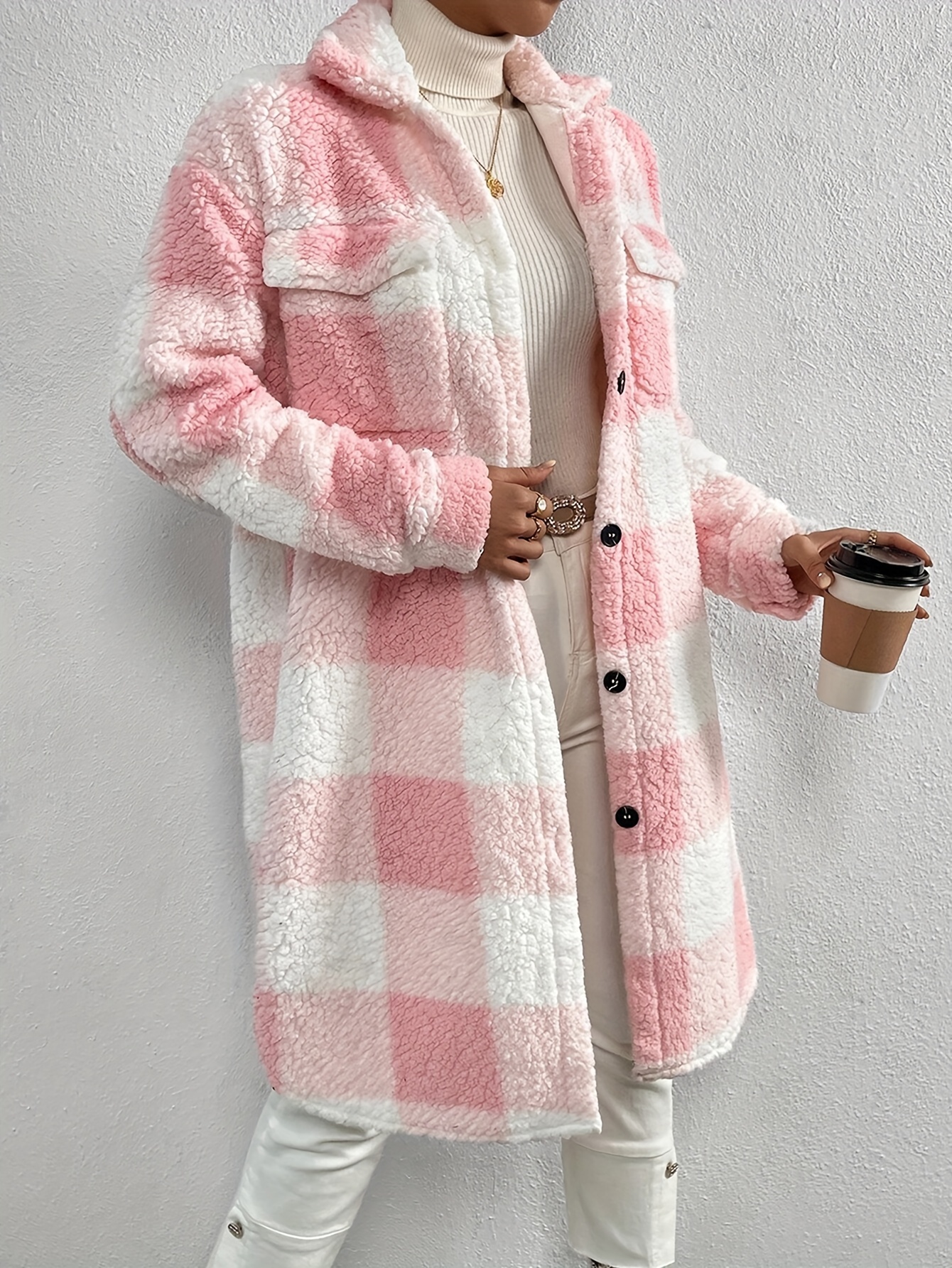 plaid pattern teddy coat elegant open front long sleeve outerwear womens clothing details 15