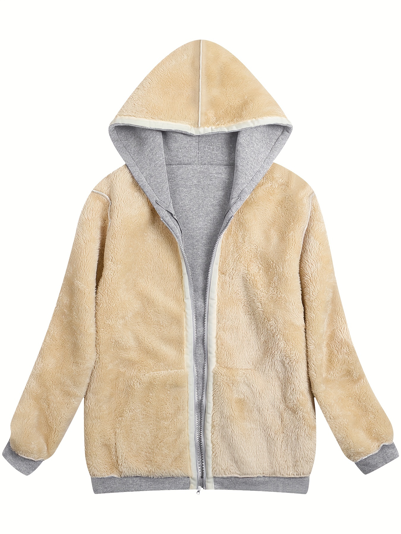 fuzzy hooded jacket casual zip up drawstring long sleeve solid outerwear womens clothing details 22