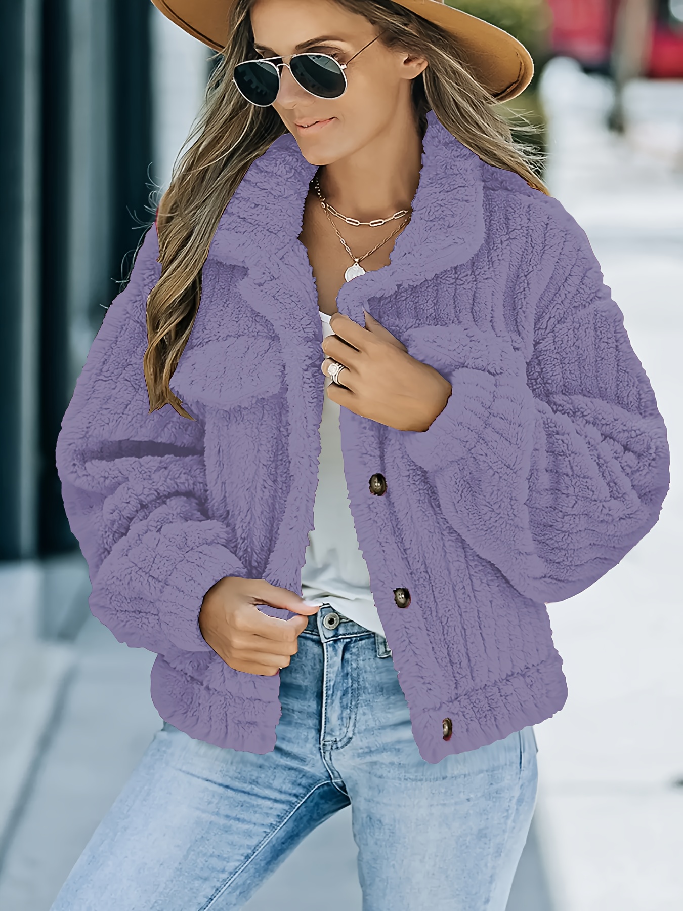 solid faux fur trucker jacket casual long sleeve jacket for fall winter womens clothing details 21