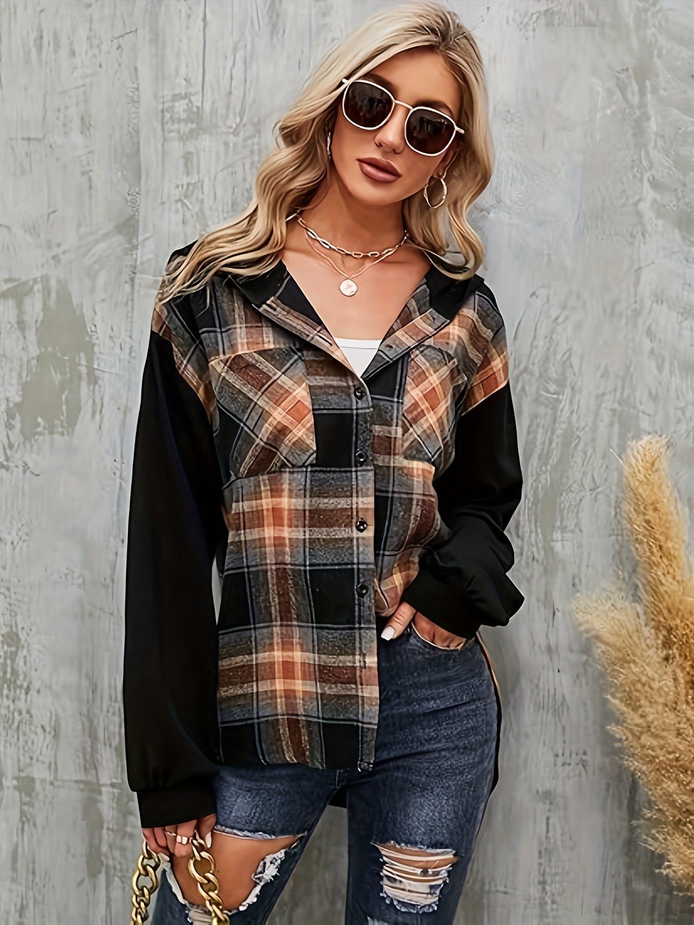 plaid pattern color block hooded jacket vintage pockets long sleeve outwear for spring fall womens clothing details 3