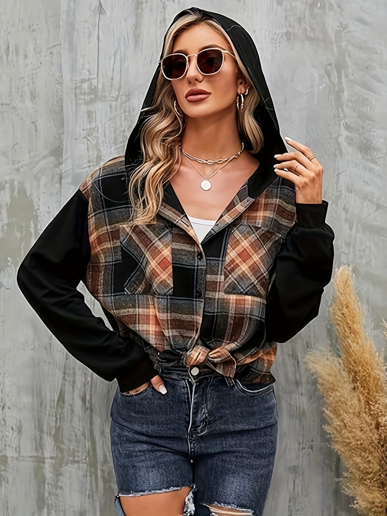 plaid pattern color block hooded jacket vintage pockets long sleeve outwear for spring fall womens clothing details 4